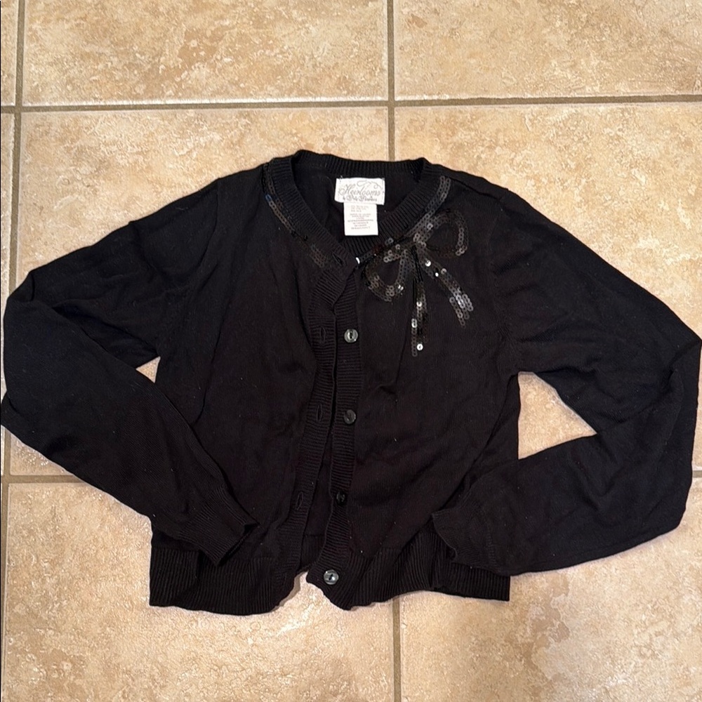 Girls Black Sequin Bow Button-Up Cardigan